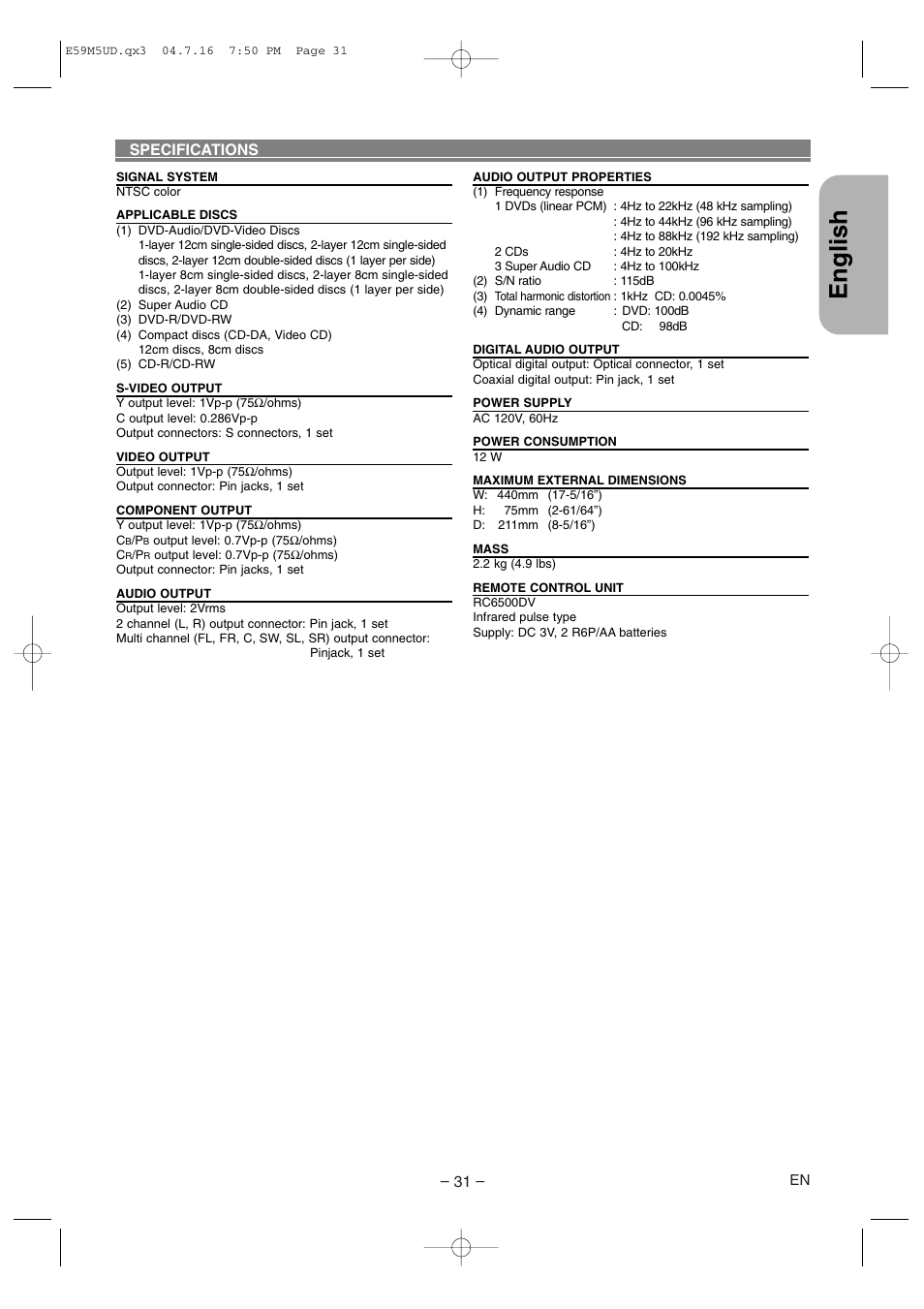 English, Specifications | Marantz DV6500 User Manual | Page 31 / 32