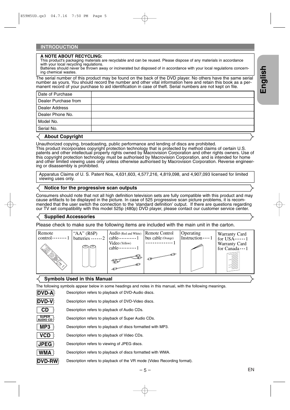 English | Marantz DV6500 User Manual | Page 5 / 32