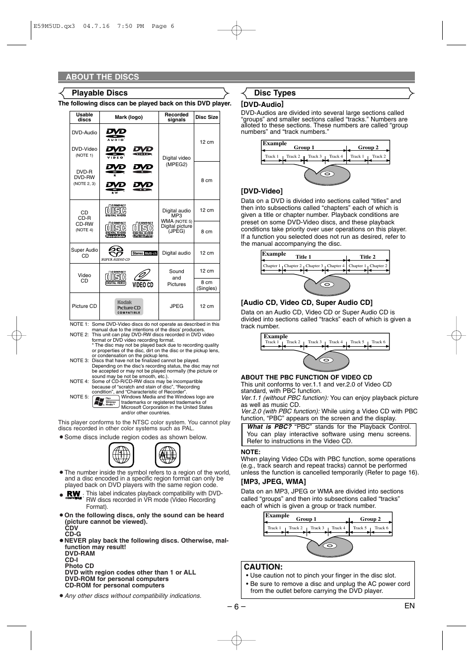 About the discs disc types playable discs, Caution, Dvd-video | Audio cd, video cd, super audio cd, Mp3, jpeg, wma, Dvd-audio | Marantz DV6500 User Manual | Page 6 / 32