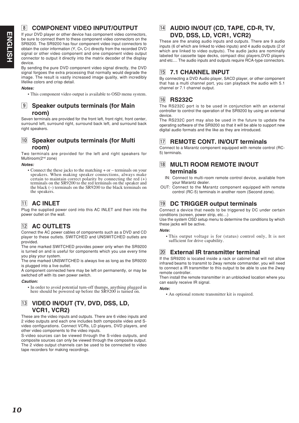 10 english, Component video input/output, Speaker outputs terminals (for main room) | 0 speaker outputs terminals (for multi room), 1 ac inlet, 2 ac outlets, 3 video in/out (tv, dvd, dss, ld, vcr1, vcr2), 5 7.1 channel input, 6 rs232c, 7 remote cont. in/out terminals | Marantz SR9200 User Manual | Page 14 / 53
