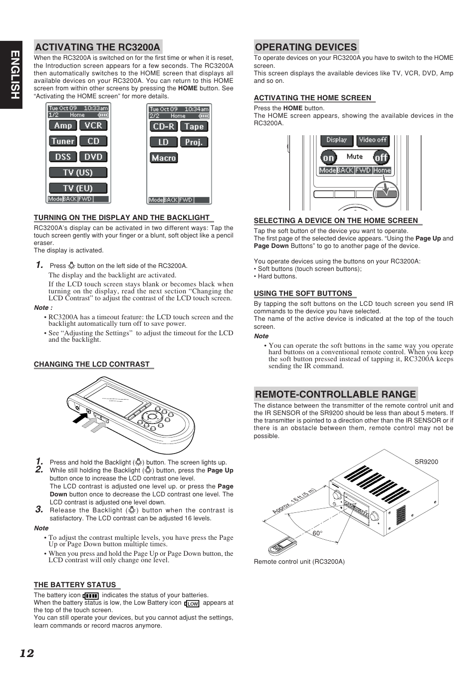 12 english, Activating the rc3200a, Operating devices | Remote-controllable range | Marantz SR9200 User Manual | Page 16 / 53