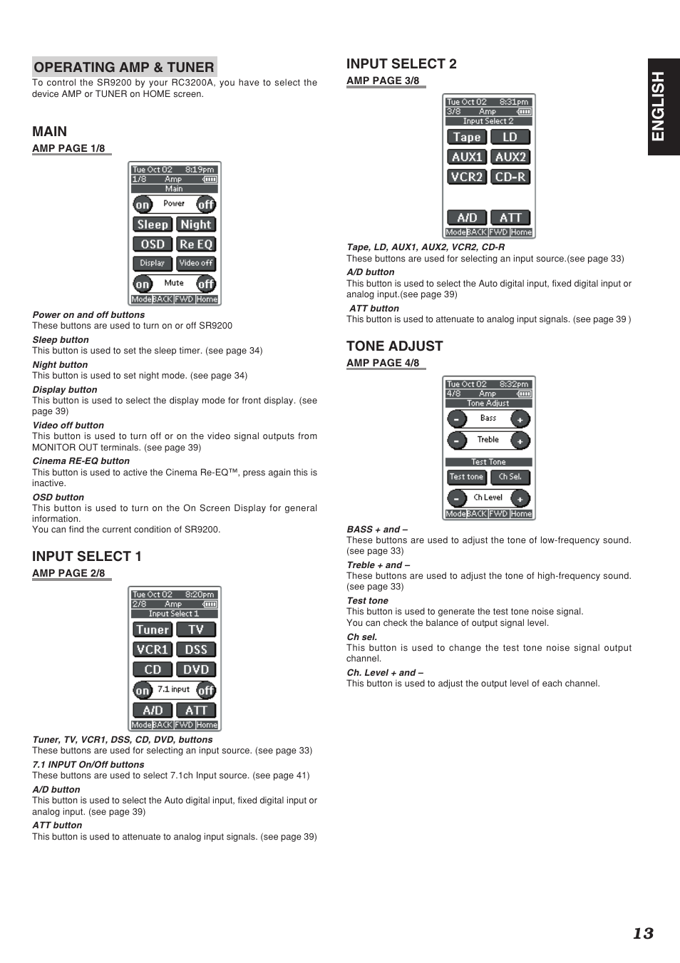 13 english, Operating amp & tuner, Main | Input select 1, Input select 2, Tone adjust | Marantz SR9200 User Manual | Page 17 / 53