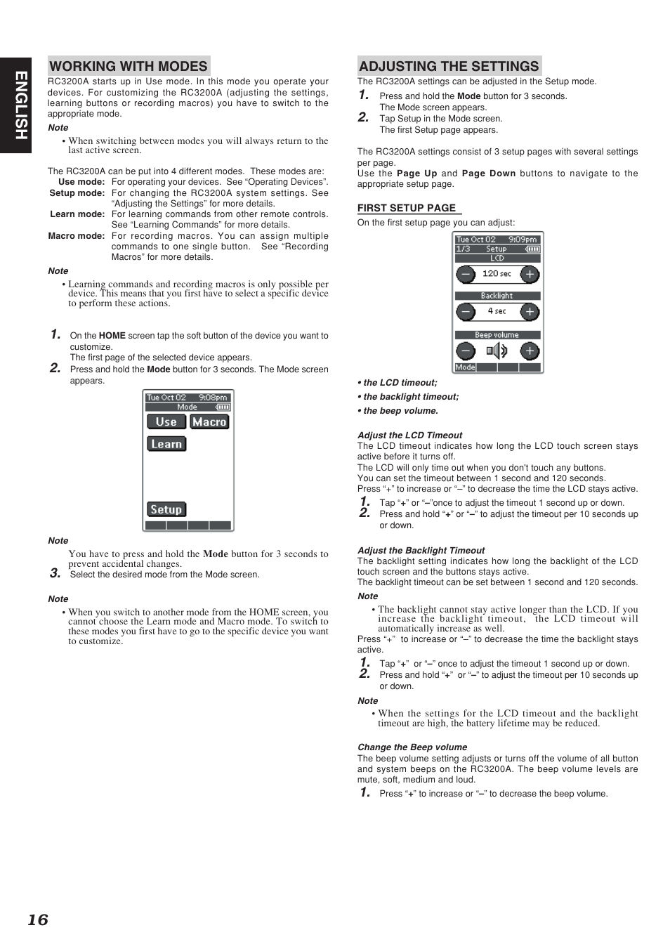 16 english, Working with modes, Adjusting the settings | Marantz SR9200 User Manual | Page 20 / 53