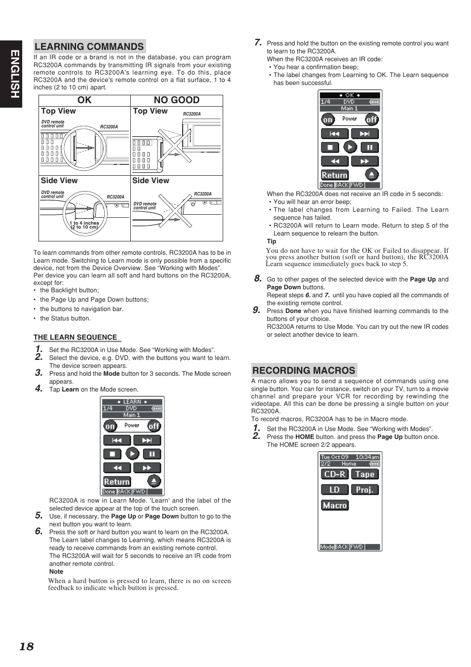 18 english, Learning commands, Recording macros | No good, Side view, Side view top view top view | Marantz SR9200 User Manual | Page 22 / 53