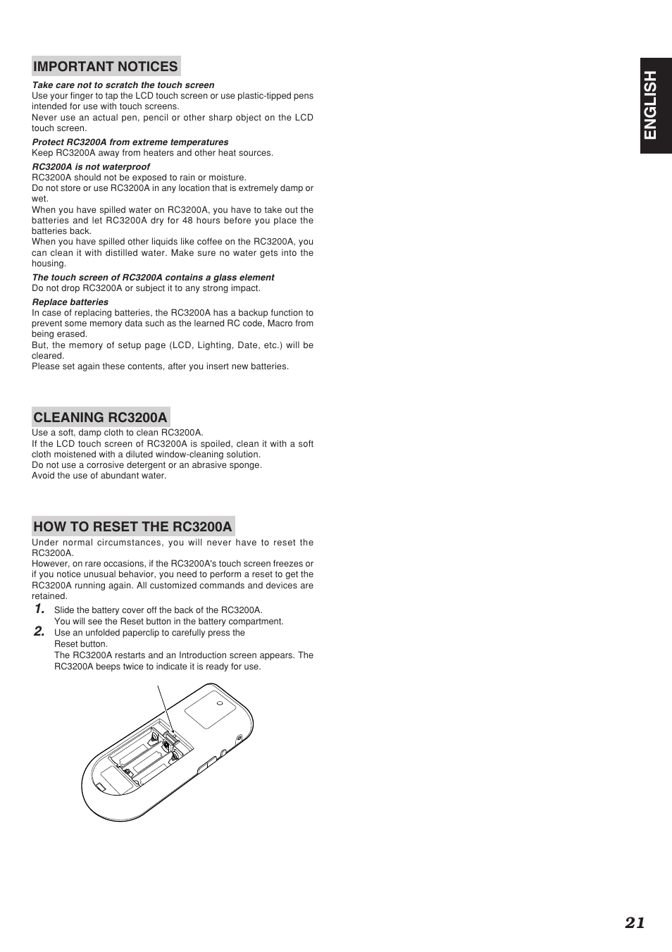 21 english, Important notices, Cleaning rc3200a | How to reset the rc3200a | Marantz SR9200 User Manual | Page 25 / 53