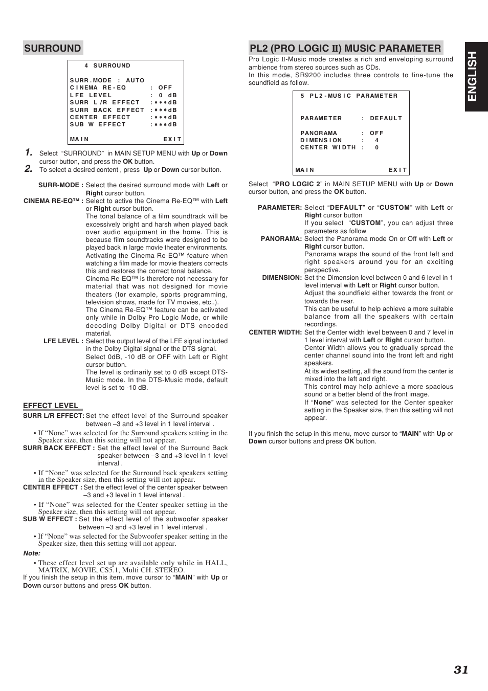 31 english, Surround 1, Pl2 (pro logic ii) music parameter | Marantz SR9200 User Manual | Page 35 / 53