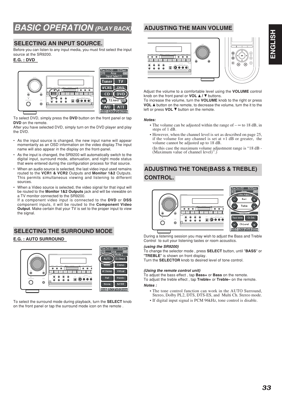 Basic operation, 33 english, Play back) selecting an input source | Selecting the surround mode, Adjusting the main volume, Adjusting the tone(bass & treble) control | Marantz SR9200 User Manual | Page 37 / 53