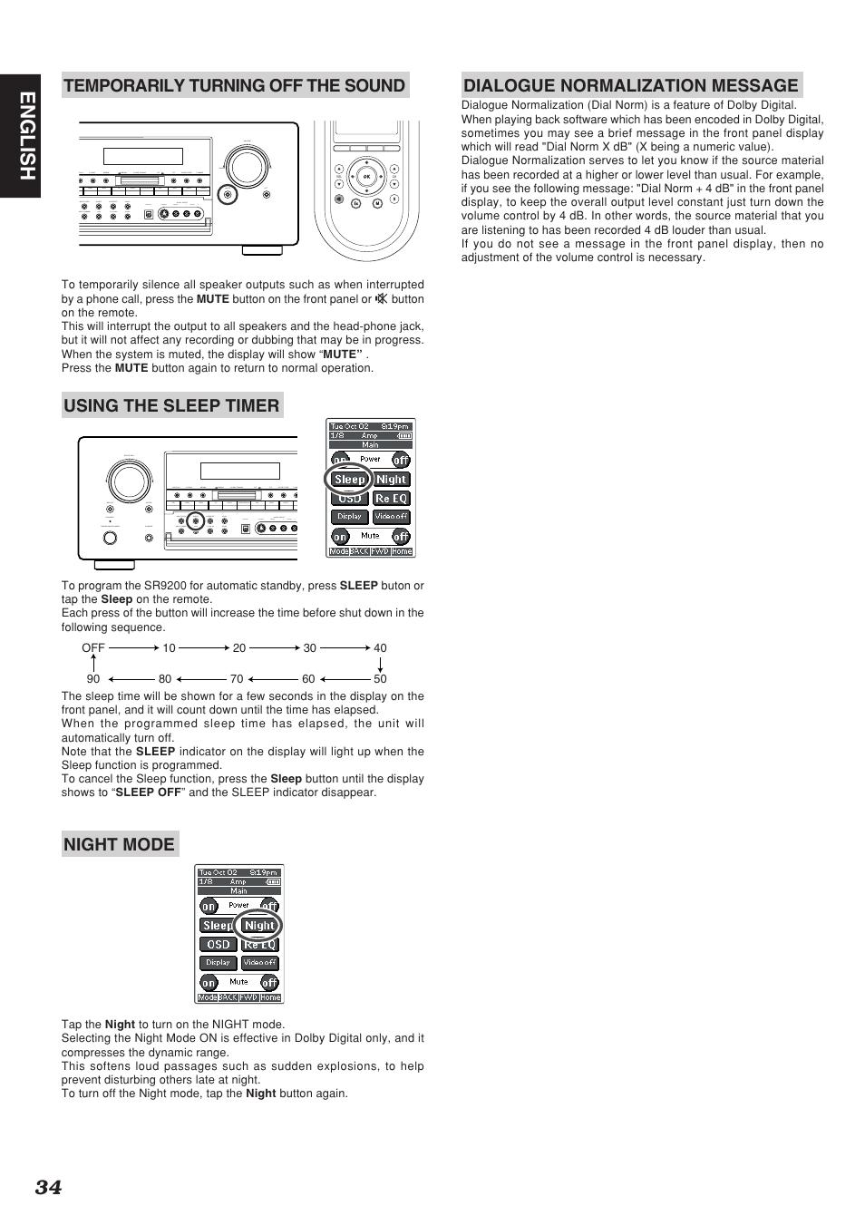 34 english, Temporarily turning off the sound, Using the sleep timer | Night mode, Dialogue normalization message | Marantz SR9200 User Manual | Page 38 / 53