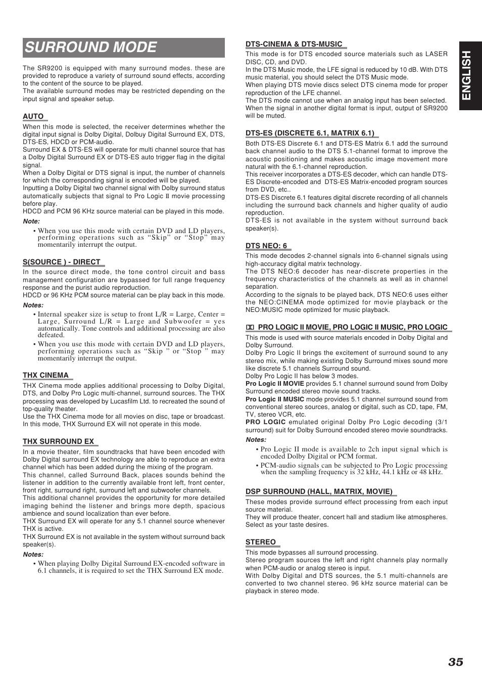 Surround mode, 35 english | Marantz SR9200 User Manual | Page 39 / 53