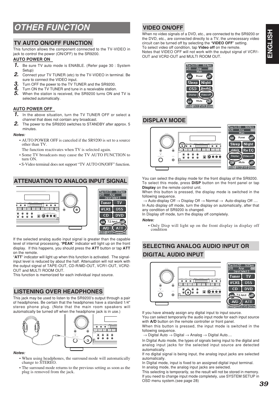 Other function, 39 english, Tv auto on/off function | Attenuation to analog input signal, Listening over headphones, Video on/off, Display mode | Marantz SR9200 User Manual | Page 43 / 53