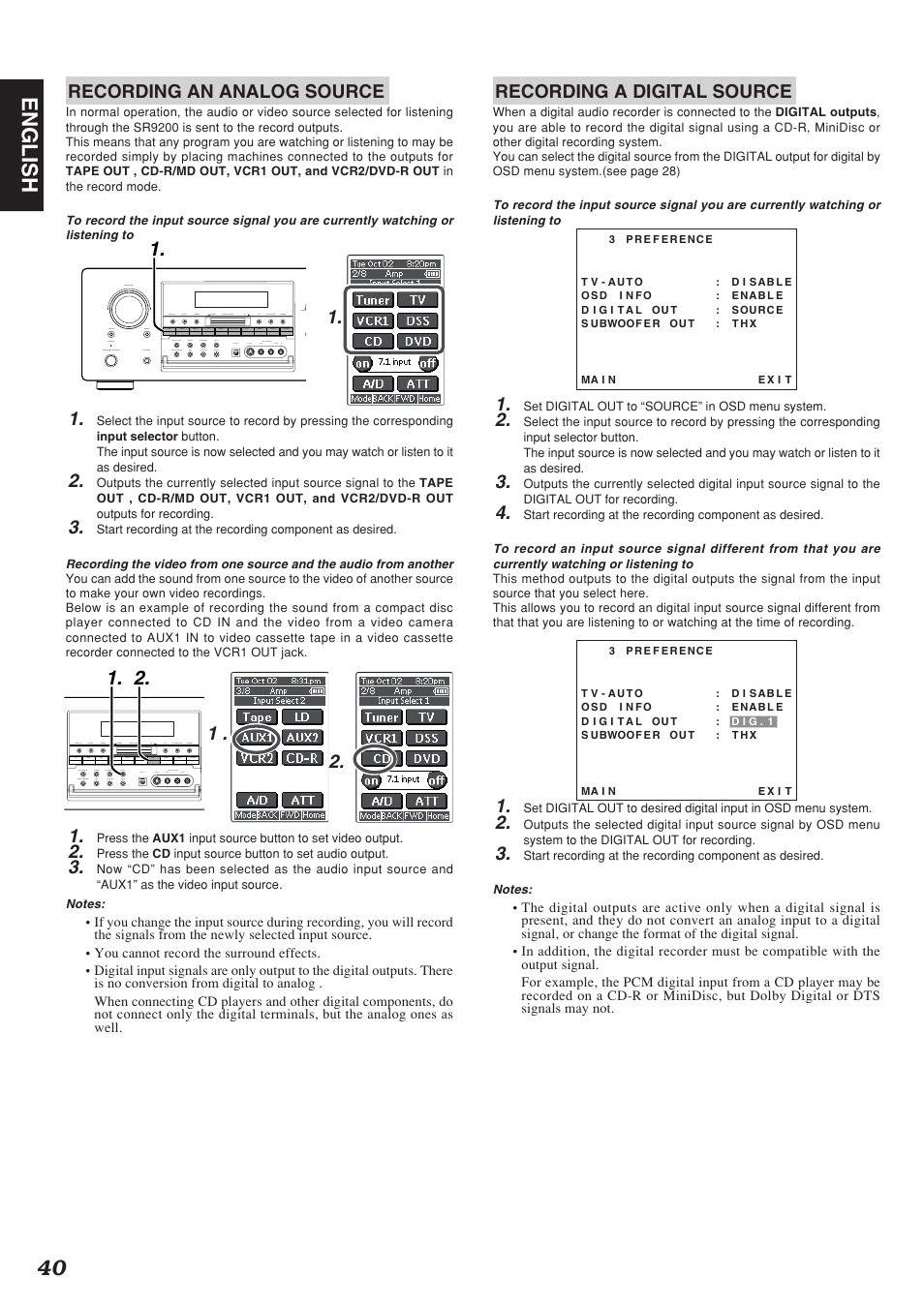 40 english, Recording an analog source, Recording a digital source | Marantz SR9200 User Manual | Page 44 / 53