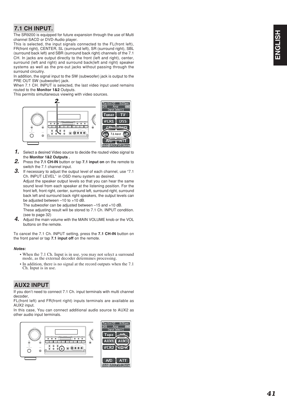 41 english, 1 ch input, Aux2 input | Marantz SR9200 User Manual | Page 45 / 53