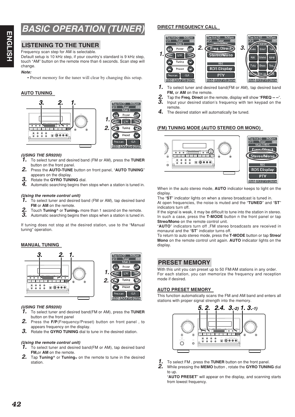 Basic operation (tuner), 42 english, Listening to the tuner | Marantz SR9200 User Manual | Page 46 / 53