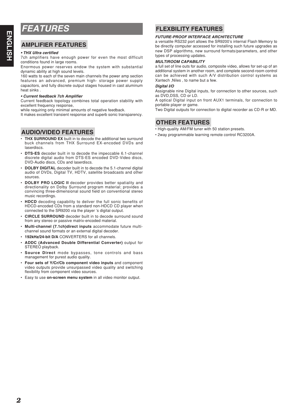 Features, 2english, Amplifier features | Audio/video features, Flexbility features, Other features | Marantz SR9200 User Manual | Page 6 / 53