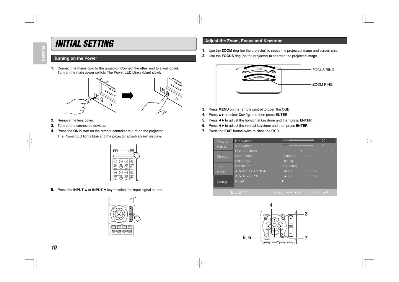 Initial setting, Turning on the power, Adjust the zoom, focus and keystone | Marantz VP8600 User Manual | Page 15 / 32