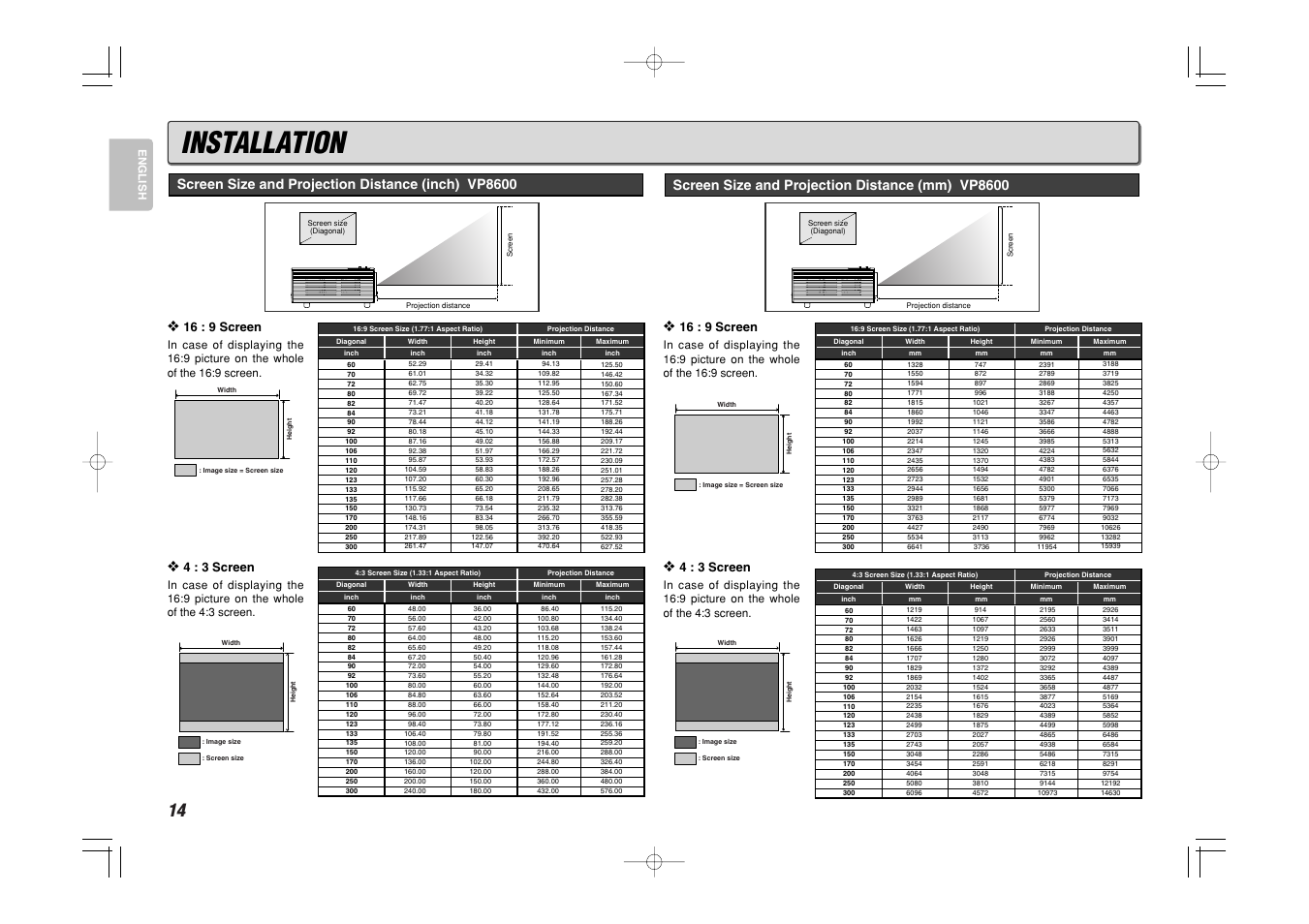 Installation, Screen size and projection distance (inch) vp8600, Screen size and projection distance (mm) vp8600 | Marantz VP8600 User Manual | Page 19 / 32