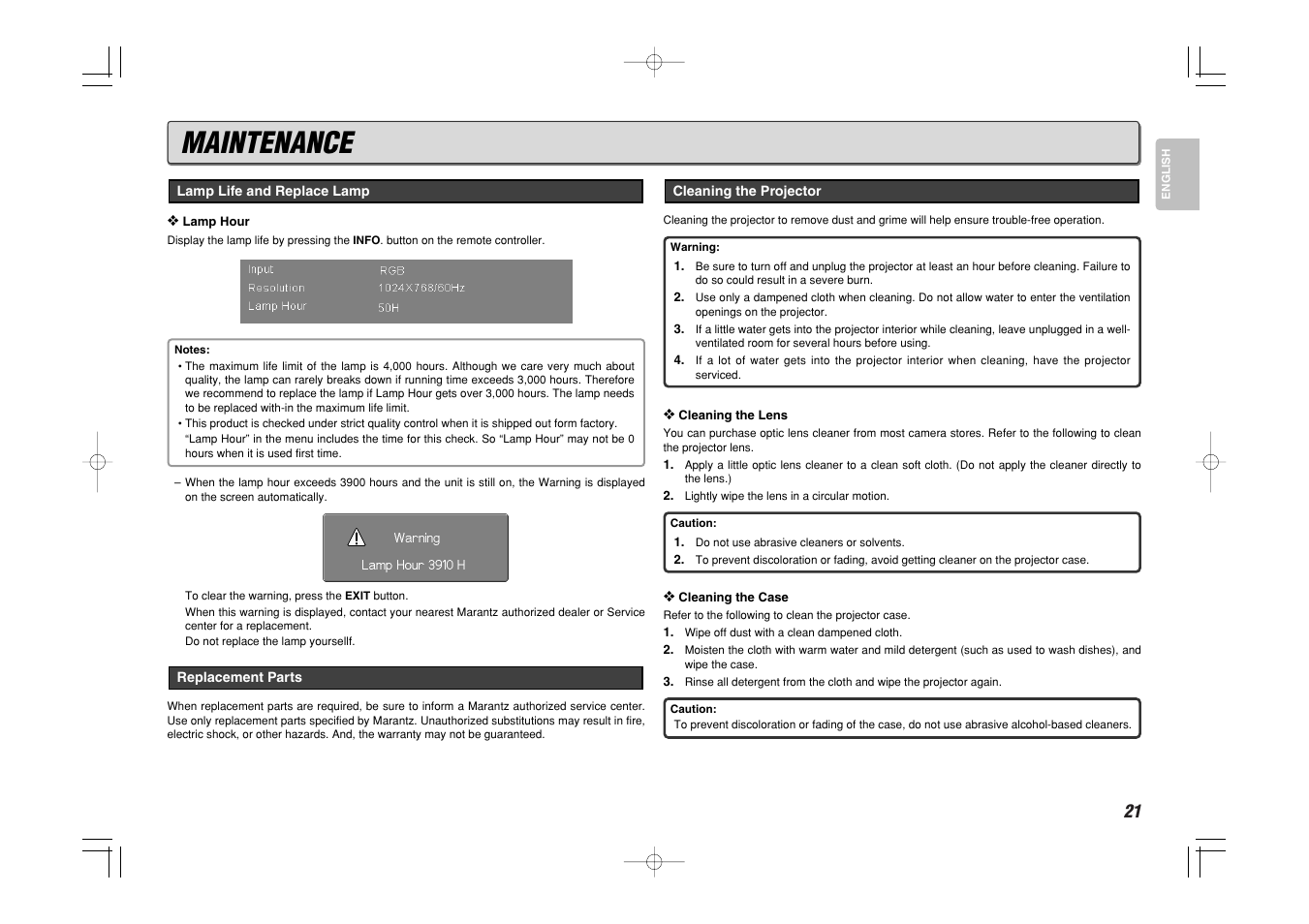 Maintenance | Marantz VP8600 User Manual | Page 26 / 32