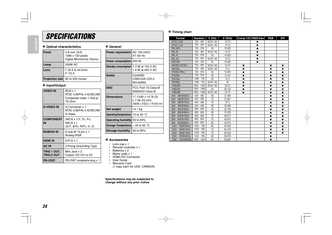 Specifications | Marantz VP8600 User Manual | Page 29 / 32