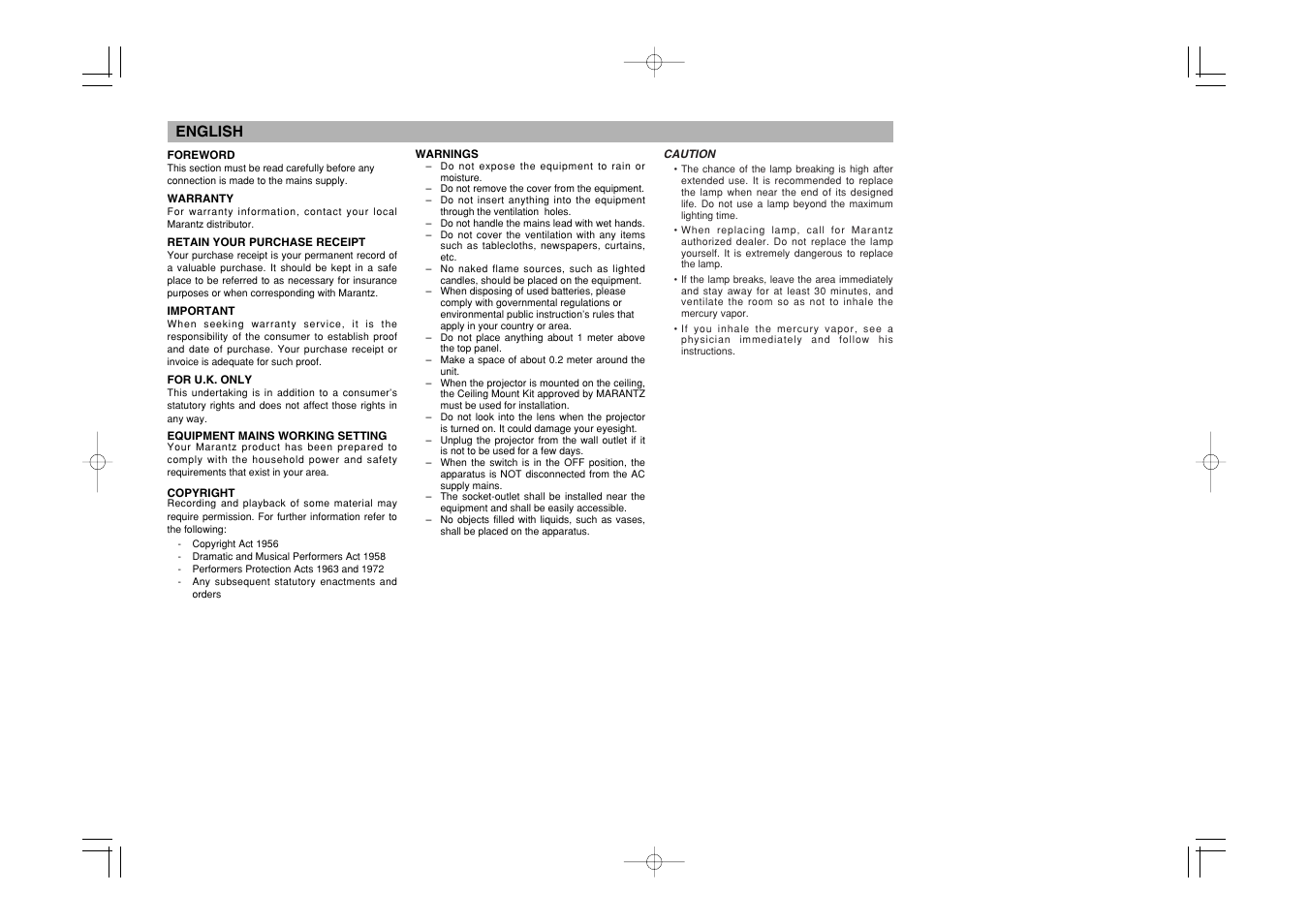 English | Marantz VP8600 User Manual | Page 3 / 32