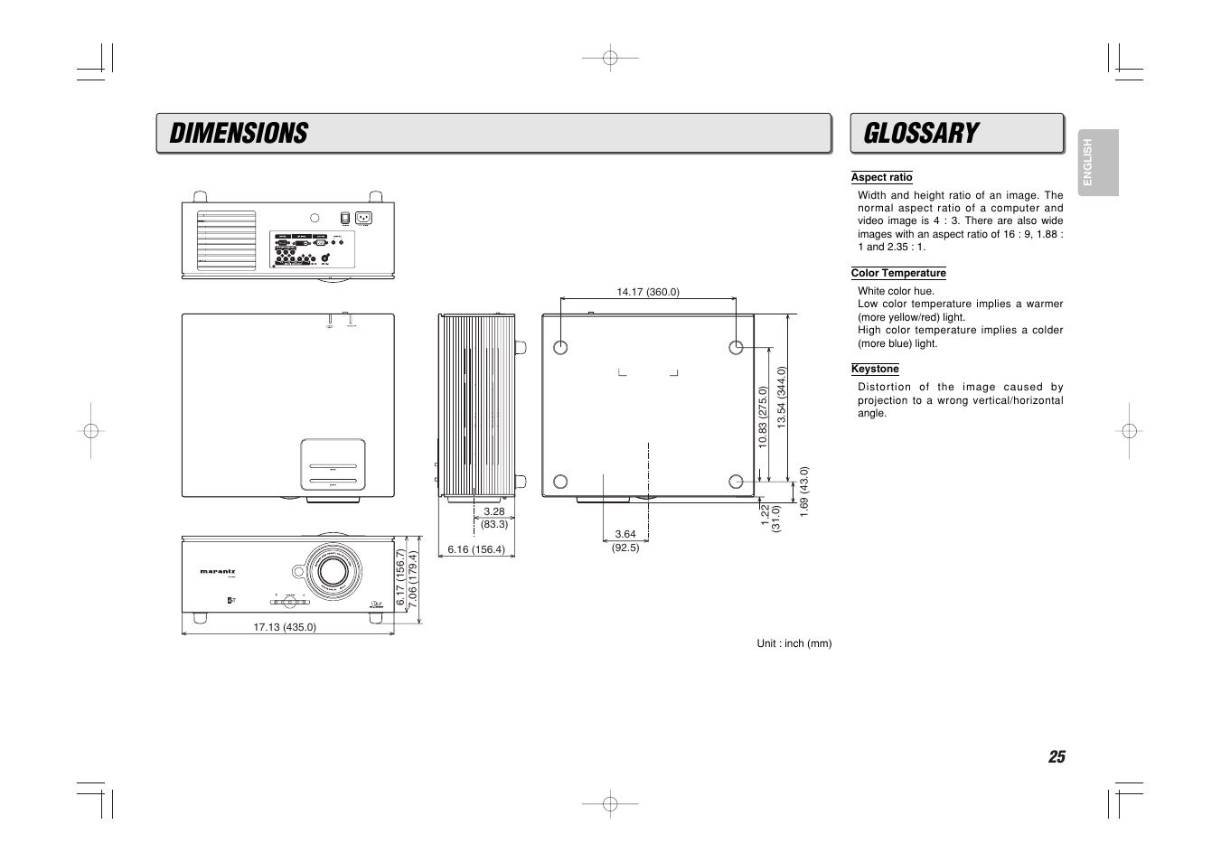 Dimensions, Glossary | Marantz VP8600 User Manual | Page 30 / 32