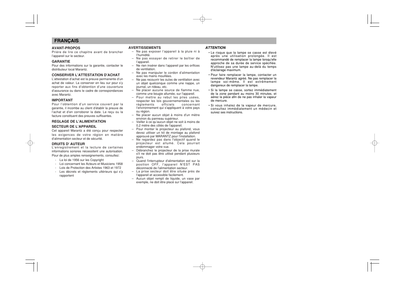 Français | Marantz VP8600 User Manual | Page 4 / 32