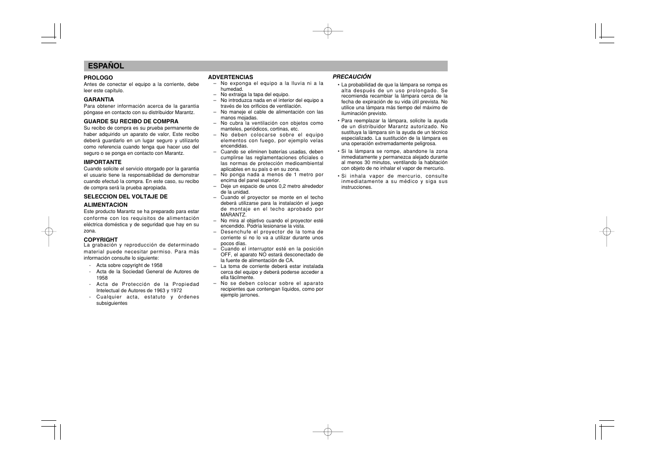 Español | Marantz VP8600 User Manual | Page 5 / 32