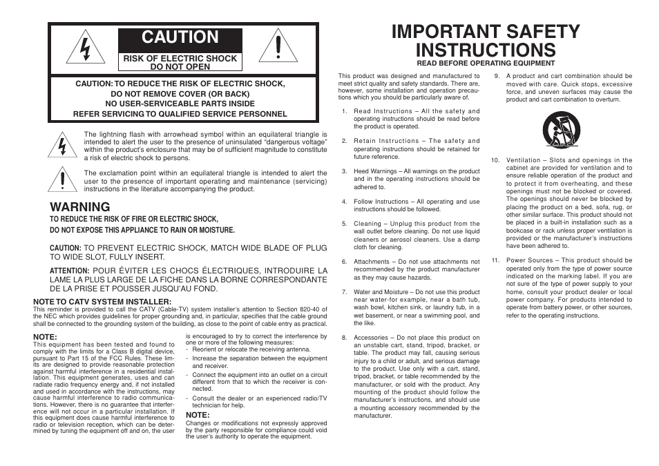 Important safety instructions, Caution, Warning | Marantz SR8001 User Manual | Page 2 / 79