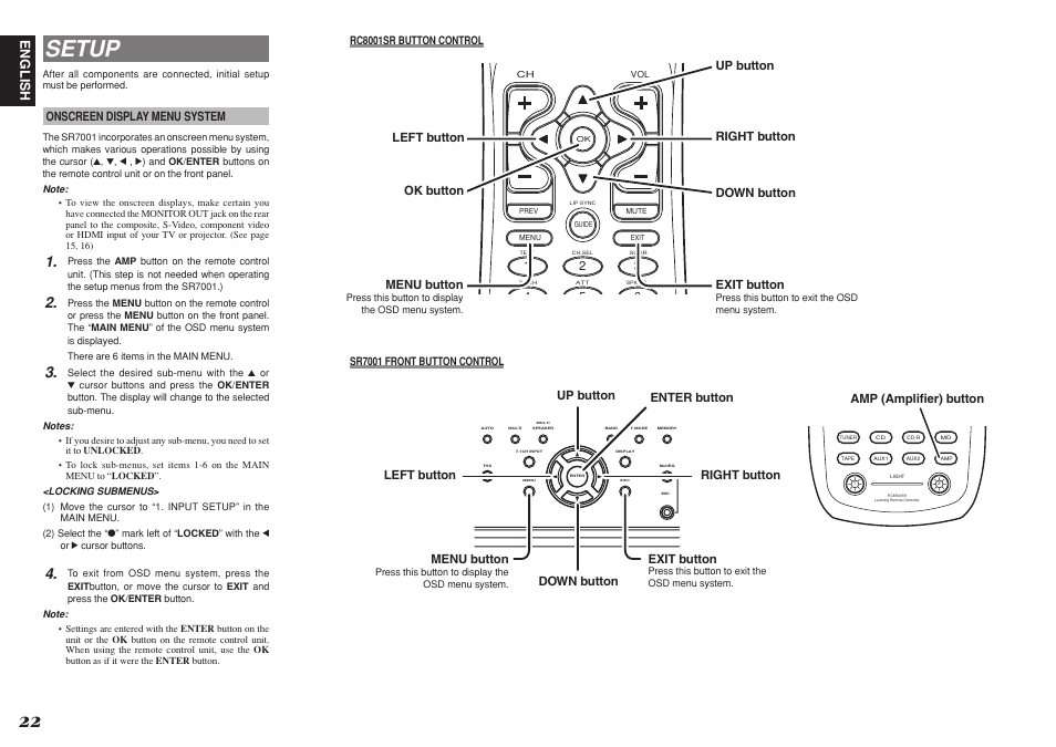 Setup, English, Onscreen display menu system | Exit button, Menu button, Up button right button down button menu button, Left button enter button amp (amplifi er) button | Marantz SR8001 User Manual | Page 25 / 79