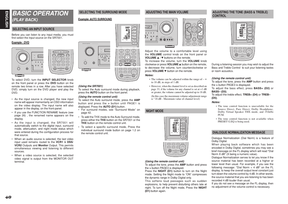 Basic operation, Test ch.sel lip.sync surr 7.1ch att spk-ab, Learning remote controller rc8001sr | Use page, 1ch att spk-ab disp osd sleep, Play back) | Marantz SR8001 User Manual | Page 43 / 79