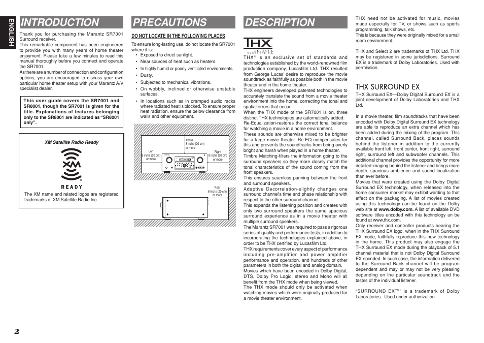 Description, Introduction, Precautions | Marantz SR8001 User Manual | Page 5 / 79