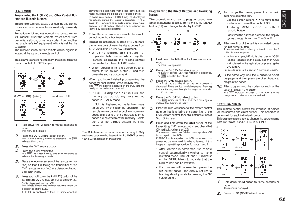 Learn, Name, Learn use | English | Marantz SR8001 User Manual | Page 64 / 79