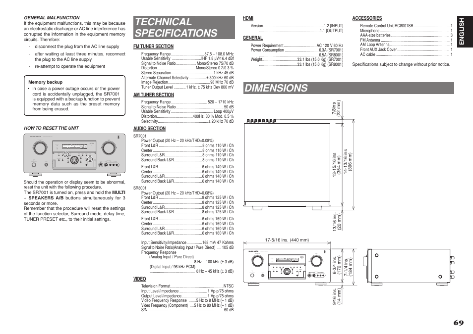 Dimensions, Technical specifications | Marantz SR8001 User Manual | Page 72 / 79