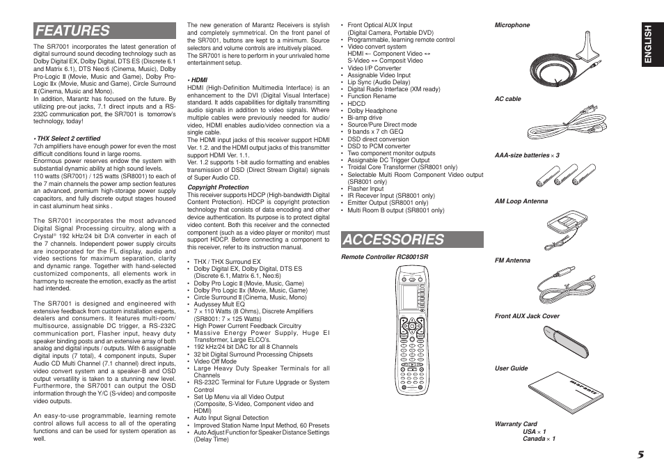 Features, Accessories | Marantz SR8001 User Manual | Page 8 / 79