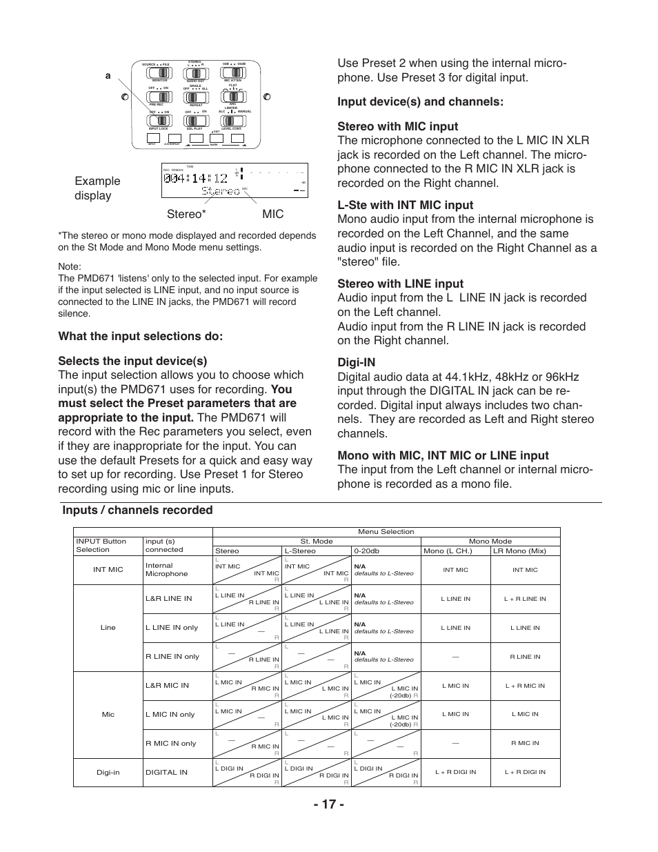 Example display stereo* mic, Inputs / channels recorded | Marantz PMD671 User Manual | Page 17 / 63
