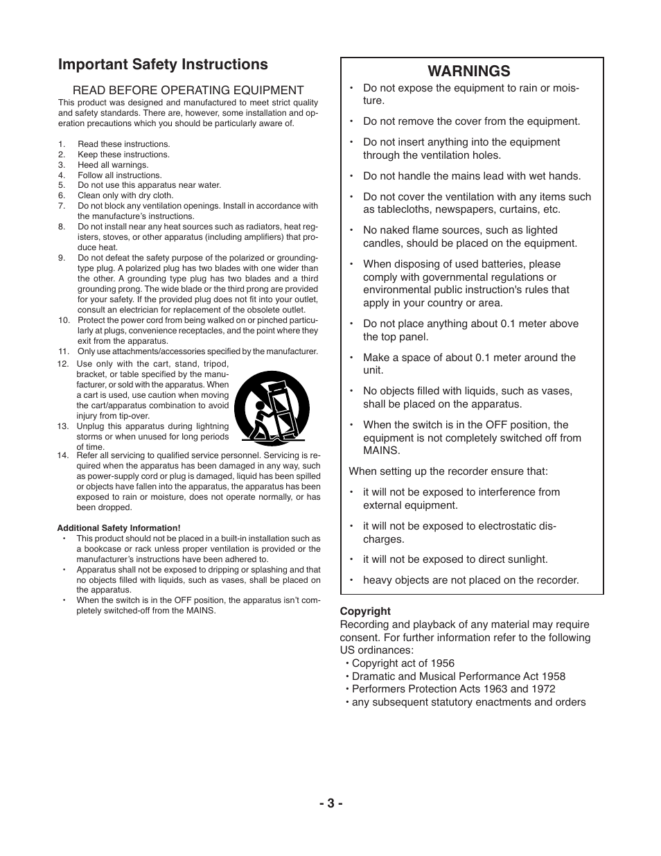 Important safety instructions, Warnings | Marantz PMD671 User Manual | Page 3 / 63