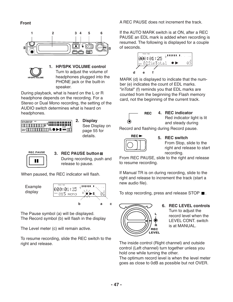 Front, B a c, D e f rec rec | Marantz PMD671 User Manual | Page 47 / 63