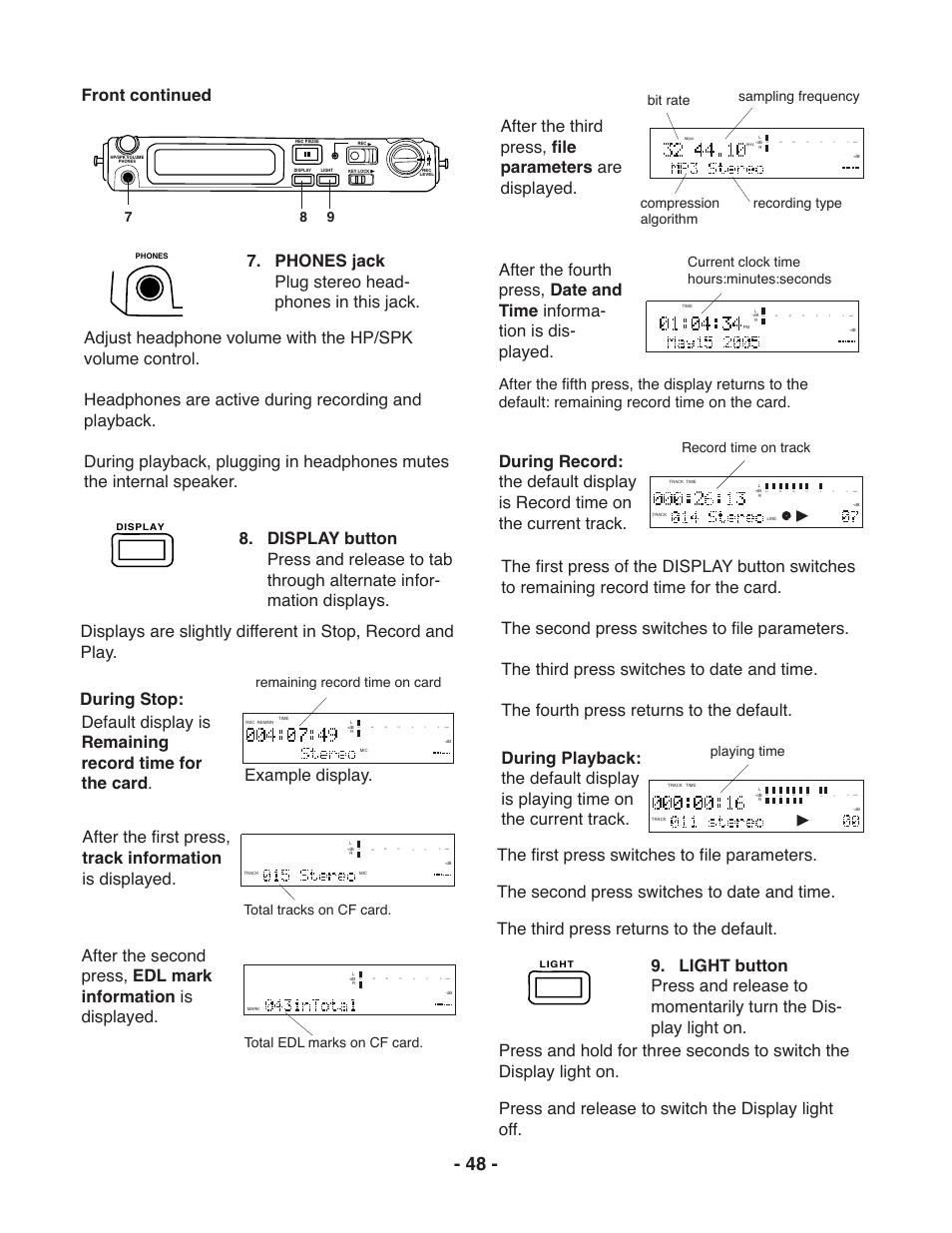 Front continued, Example display, During stop | Total tracks on cf card, Total edl marks on cf card, Current clock time hours:minutes:seconds, Remaining record time on card, Record time on track, Playing time | Marantz PMD671 User Manual | Page 48 / 63