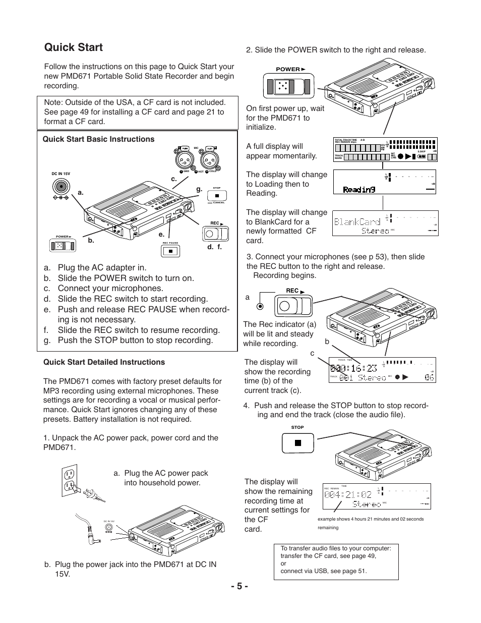 Quick start, Quick start basic instructions, A. b. d. f. e. g | Marantz PMD671 User Manual | Page 5 / 63