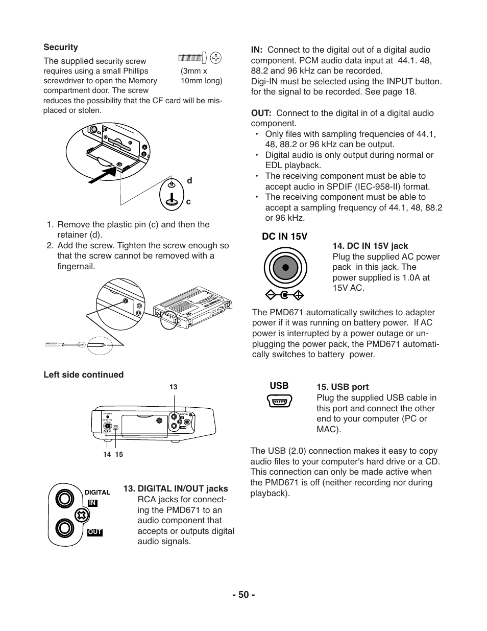 Dc in 15v usb | Marantz PMD671 User Manual | Page 50 / 63