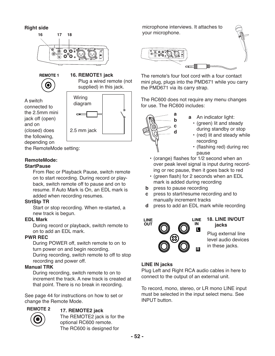 A b c d, Remote 2, Remote 1 | Push | Marantz PMD671 User Manual | Page 52 / 63