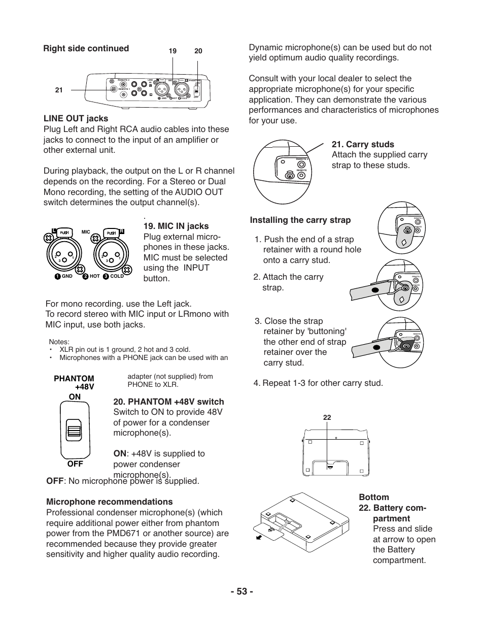 Phantom +48v on off, 22 adapter (not supplied) from phone to xlr | Marantz PMD671 User Manual | Page 53 / 63