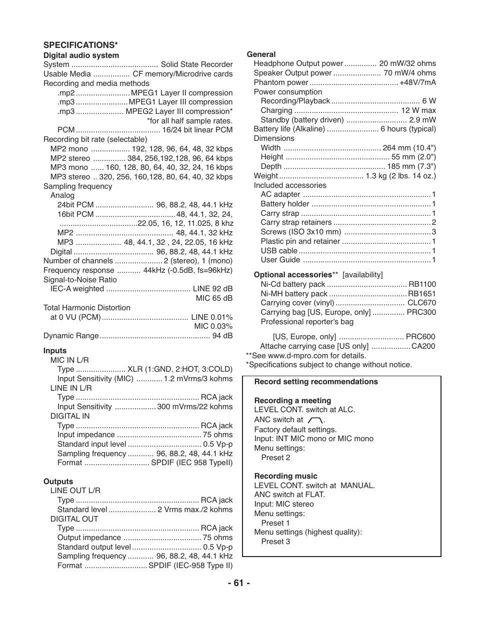 Marantz PMD671 User Manual | Page 61 / 63