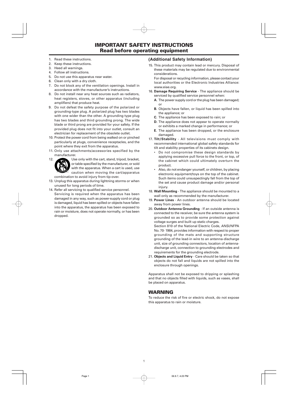 Warning | Marantz PD5001 User Manual | Page 2 / 40