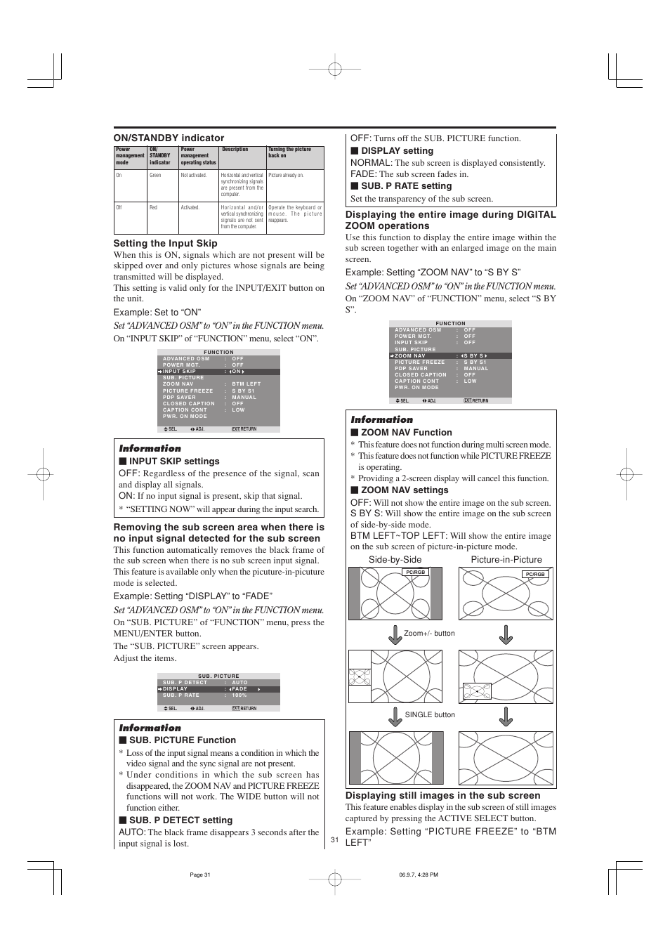 Side-by-side picture-in-picture, On/standby indicator | Marantz PD5001 User Manual | Page 30 / 40