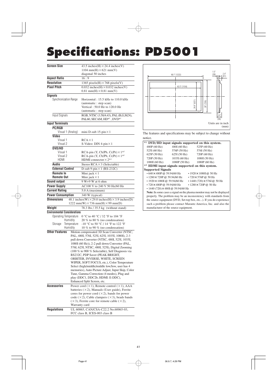 Specifications: pd5001 | Marantz PD5001 User Manual | Page 37 / 40