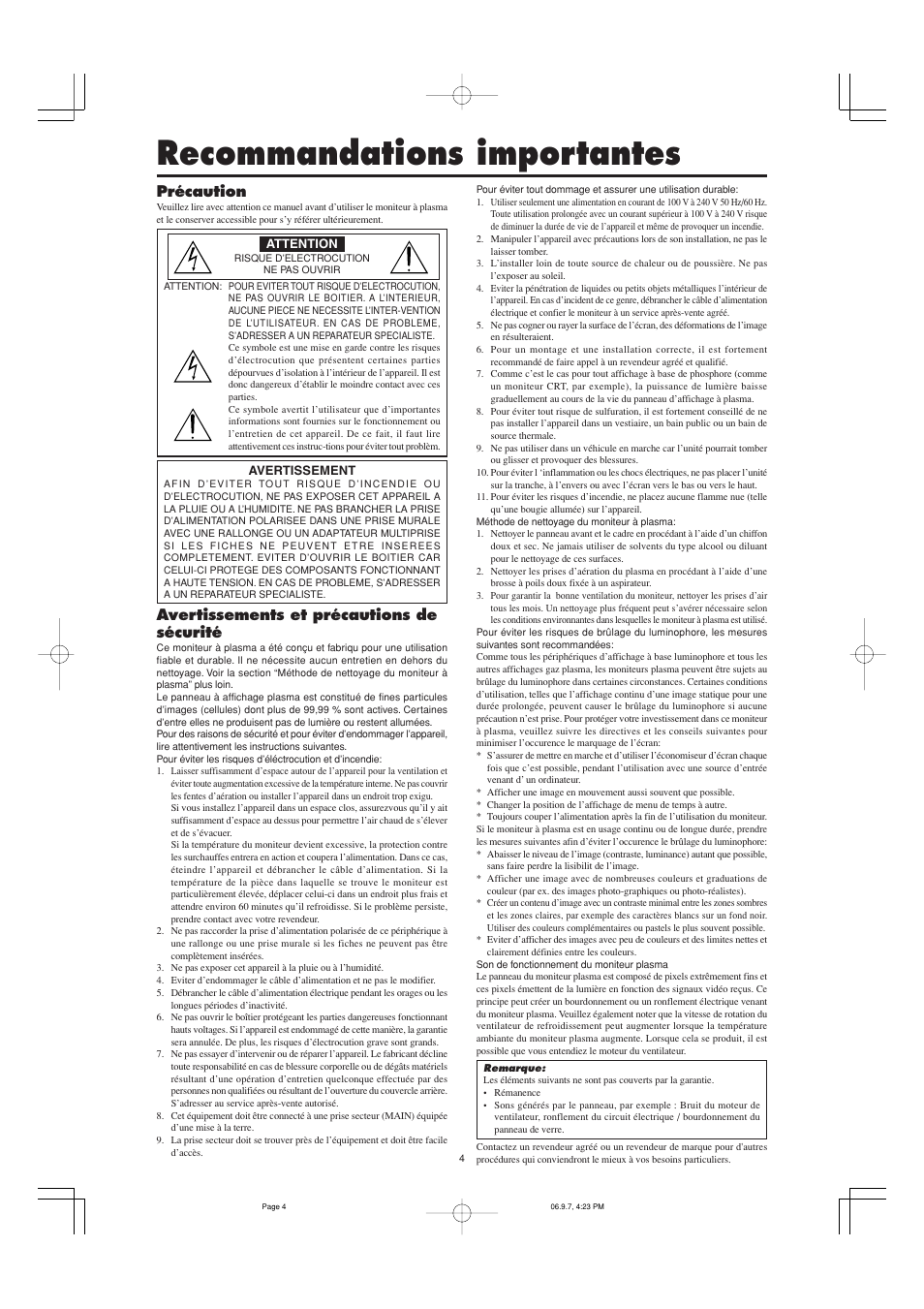 Recommandations importantes, Précaution, Avertissements et précautions de sécurité | Marantz PD5001 User Manual | Page 5 / 40