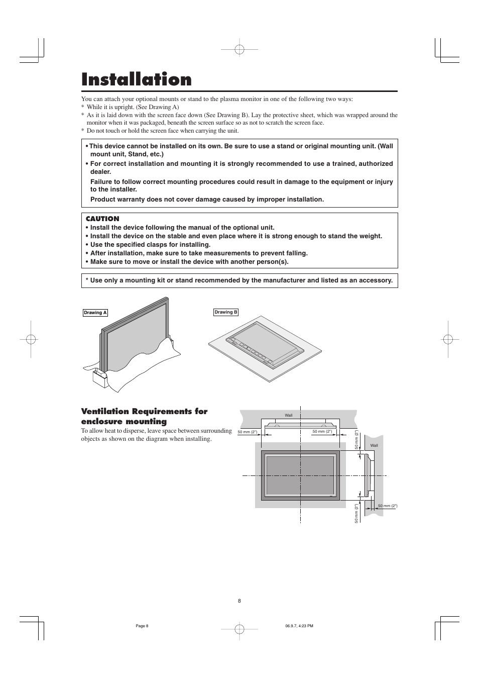 Installation, Ventilation requirements for enclosure mounting | Marantz PD5001 User Manual | Page 9 / 40