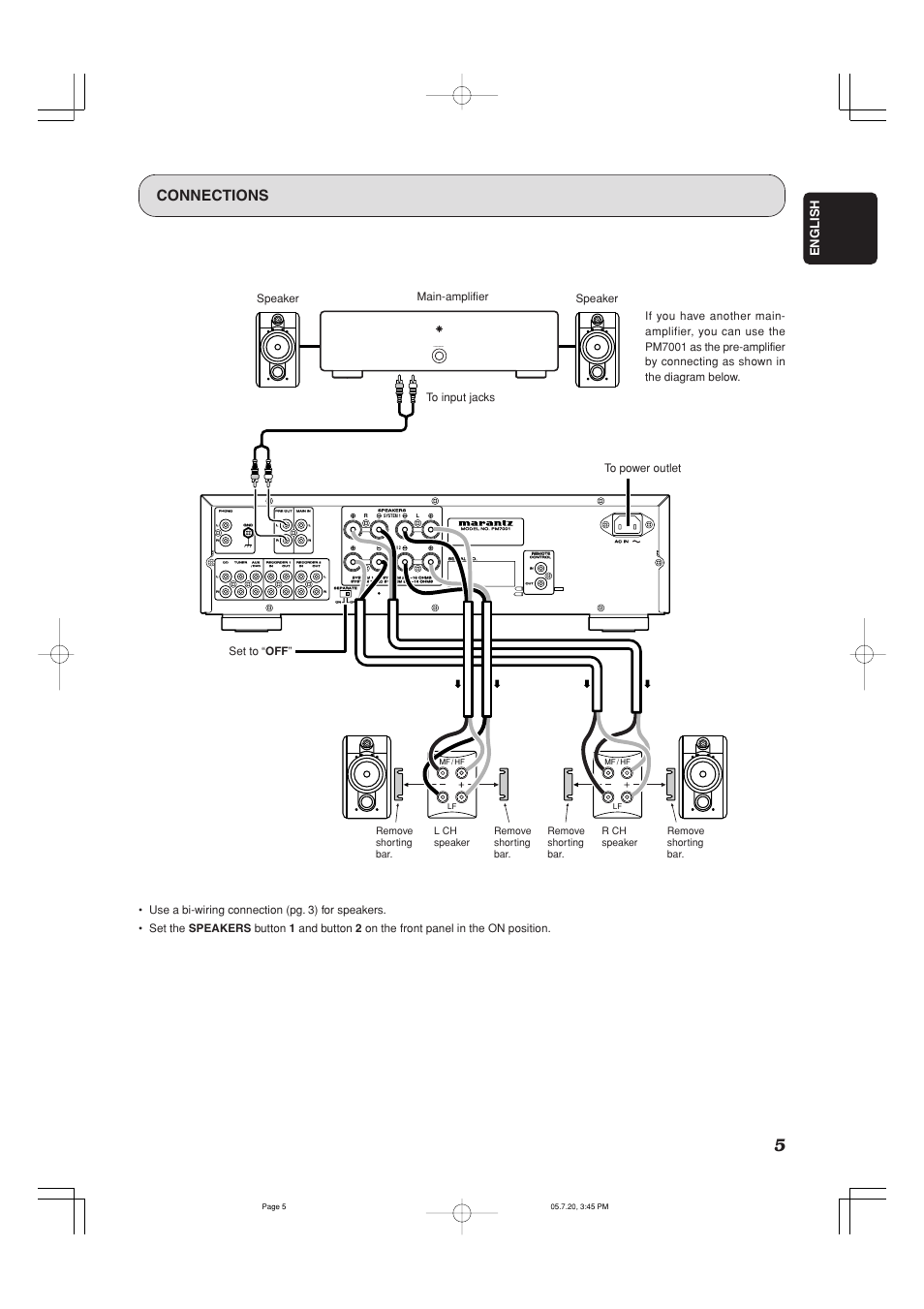 Connections, Power on/off, English | Speaker set to “ off | Marantz PM7001 User Manual | Page 10 / 21