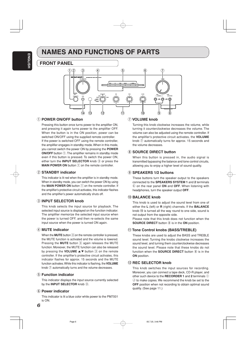 Names and functions of parts, Front panel, Q power on/off button | W standby indicator, E input selector knob, R mute indicator, T function indicator, Y power indicator, Phones, I source direct button | Marantz PM7001 User Manual | Page 11 / 21