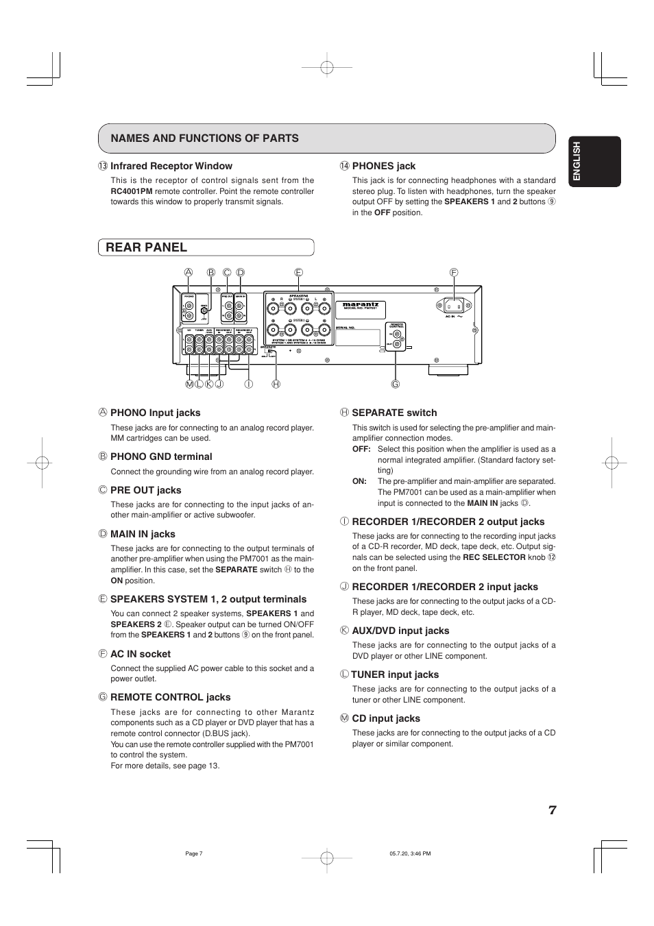 Rear panel, Names and functions of parts, A phono input jacks | B phono gnd terminal, C pre out jacks, D main in jacks, E speakers system 1, 2 output terminals, F ac in socket, G remote control jacks, I recorder 1/recorder 2 output jacks | Marantz PM7001 User Manual | Page 12 / 21